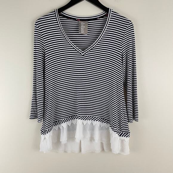 Anthropologie Dolan Left Coast Womens S Top Navy White Stripe Mixed Media Lace - Picture 1 of 9